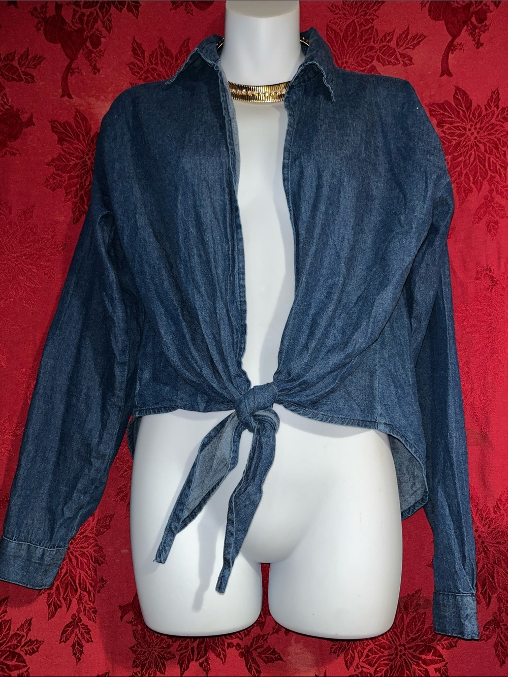 Denim Tie-Front Shirt - Dark Blue Women’s Top